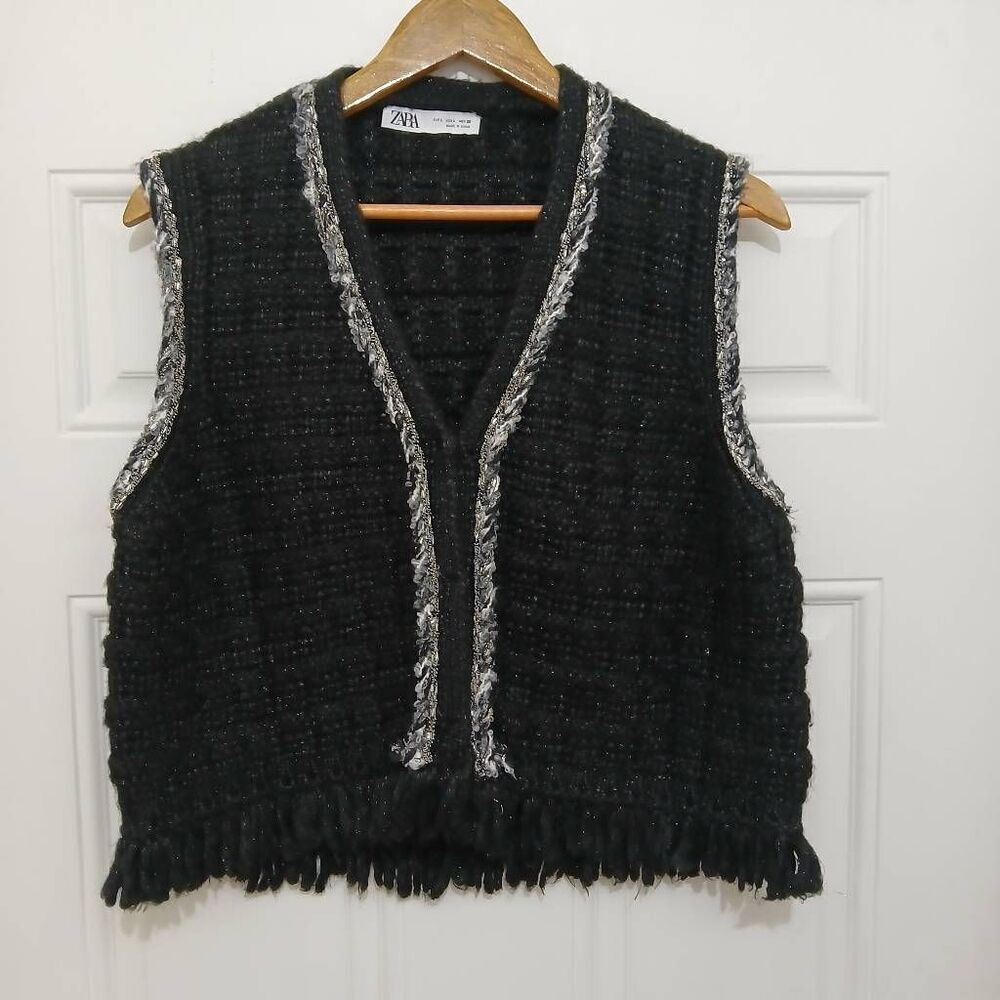 Zara womens large thick cotton knit boxy vest  black silver snap button